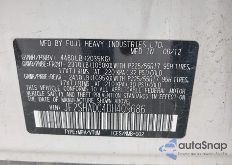 2013 Subaru Forester 2.5X Premium z USA, uszkodzony, nr VIN JF2SHADC4DH409686